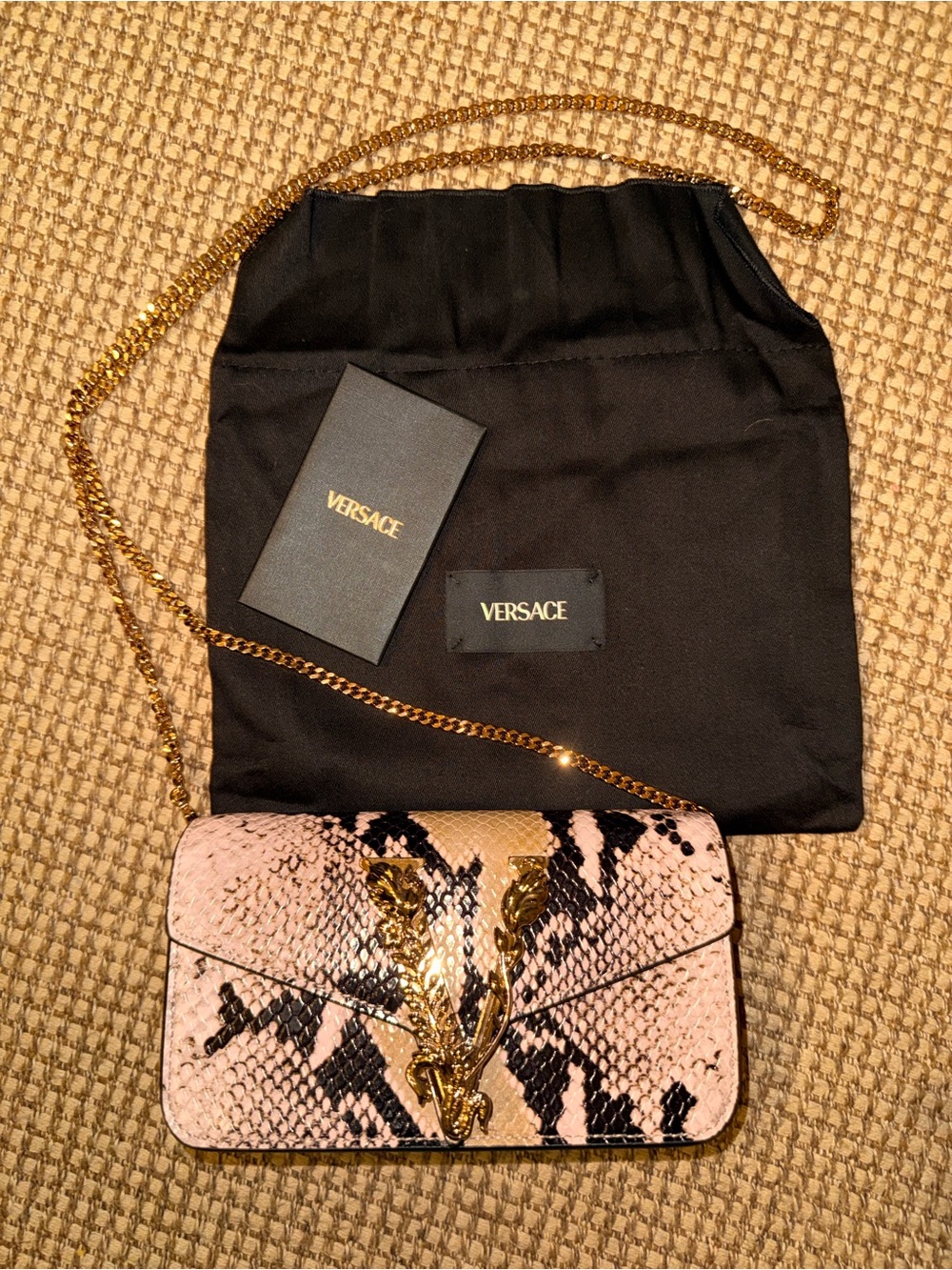 Versace mini Pink and Black Python-Print Leather “V” Vurtis bag